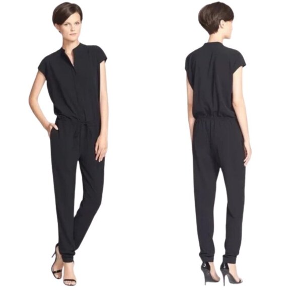 Vince 100% Silk Jogger Jumpsuit Women's 4 Black Designer Minimalist Neutral Chic - Picture 1 of 16